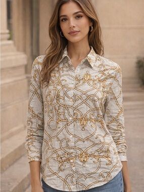 J. McLaughlin Light Blue & Gold Scroll-Print Linen Button-Down Shirt